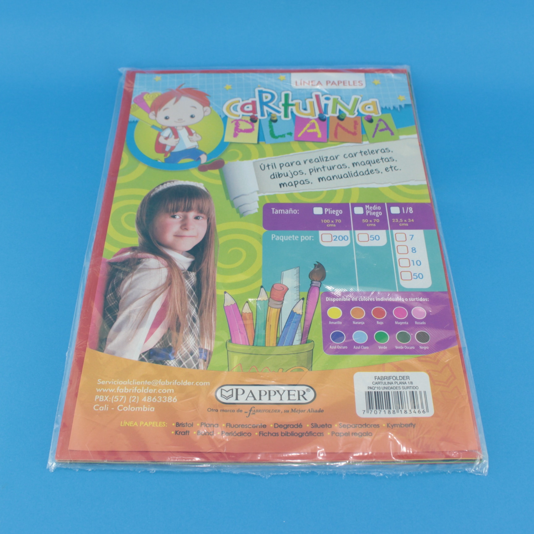 Cartulina plana en 1/8 colores surtidos