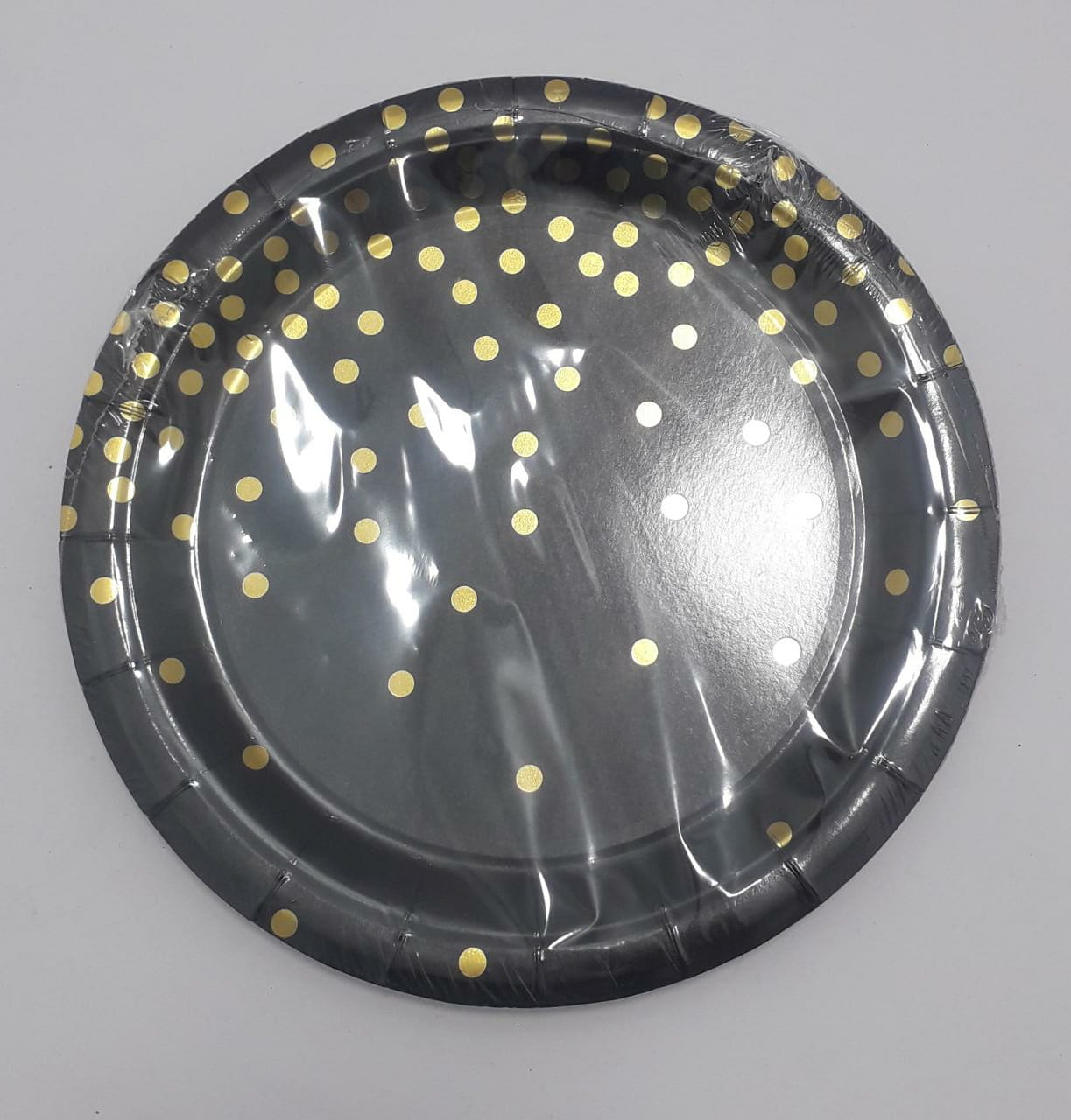 PLATO NEGRO PUNTOS DORADO 23CM