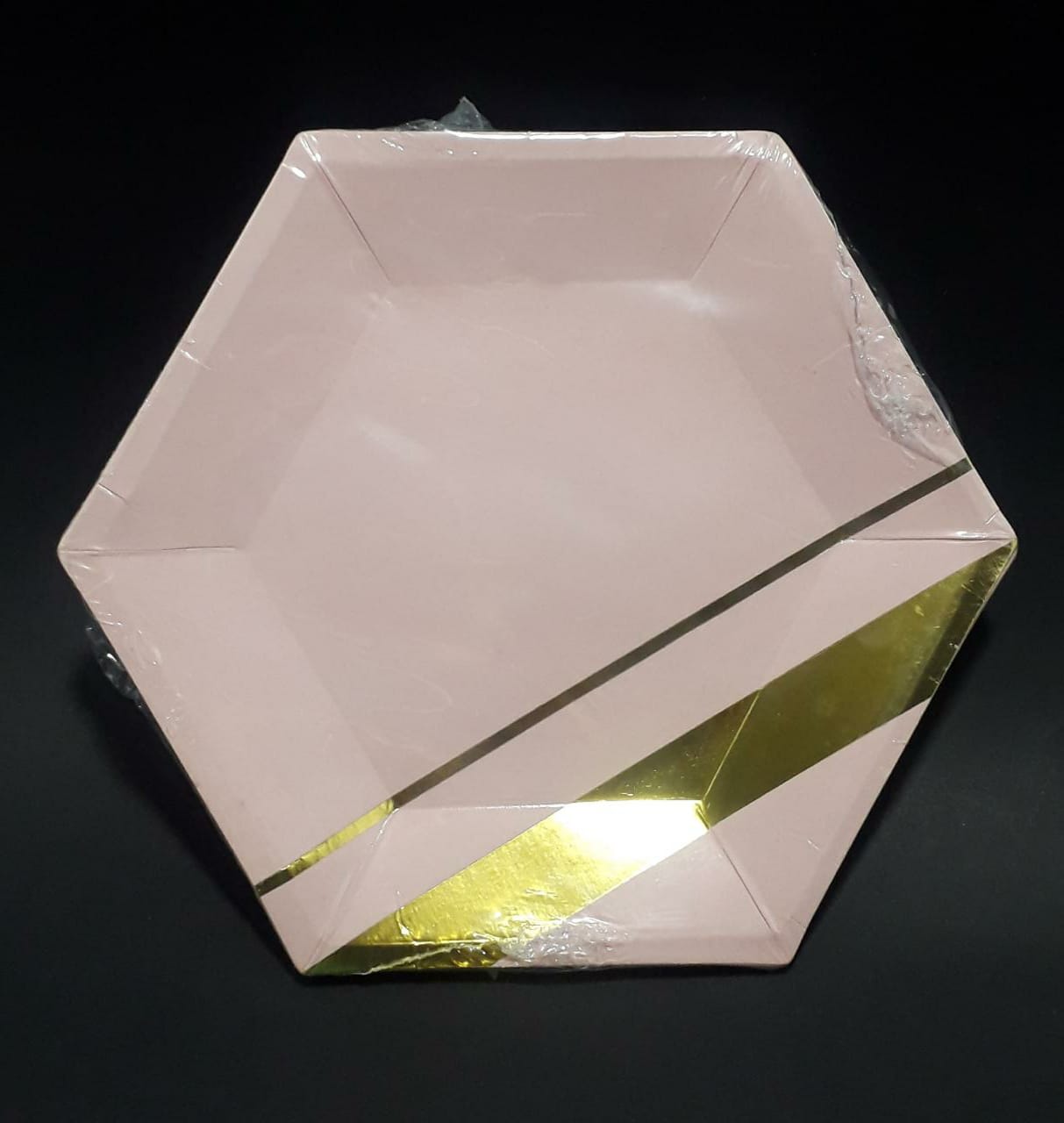 PLATO HEXAGONAL ROSADO Y DORADO 18CM