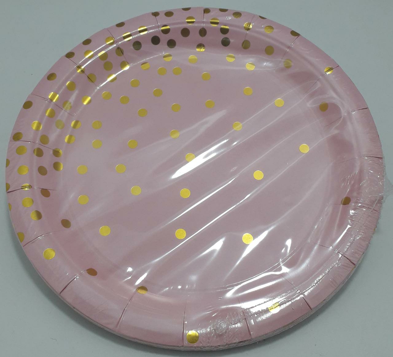 PLATO ROSADO PUNTOS DORADO 23CM