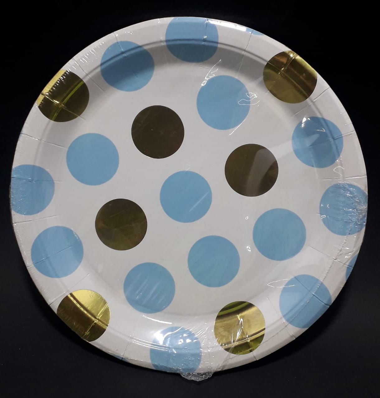 PLATO BLANCO PUNTOS AZUL Y DORADO 23CM