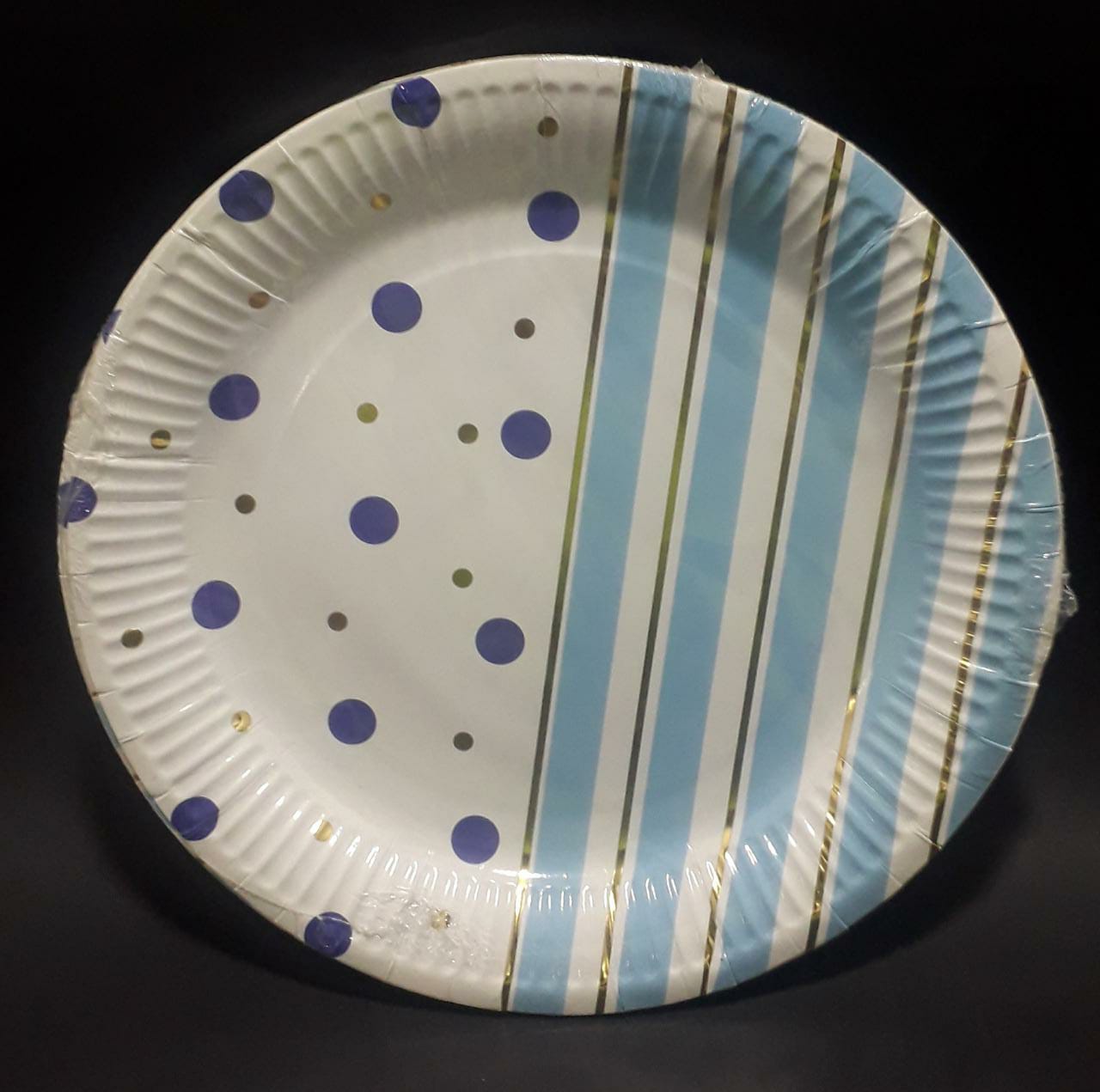 PLATO PUNTOS Y RAYAS AZUL y MORADO Y DO