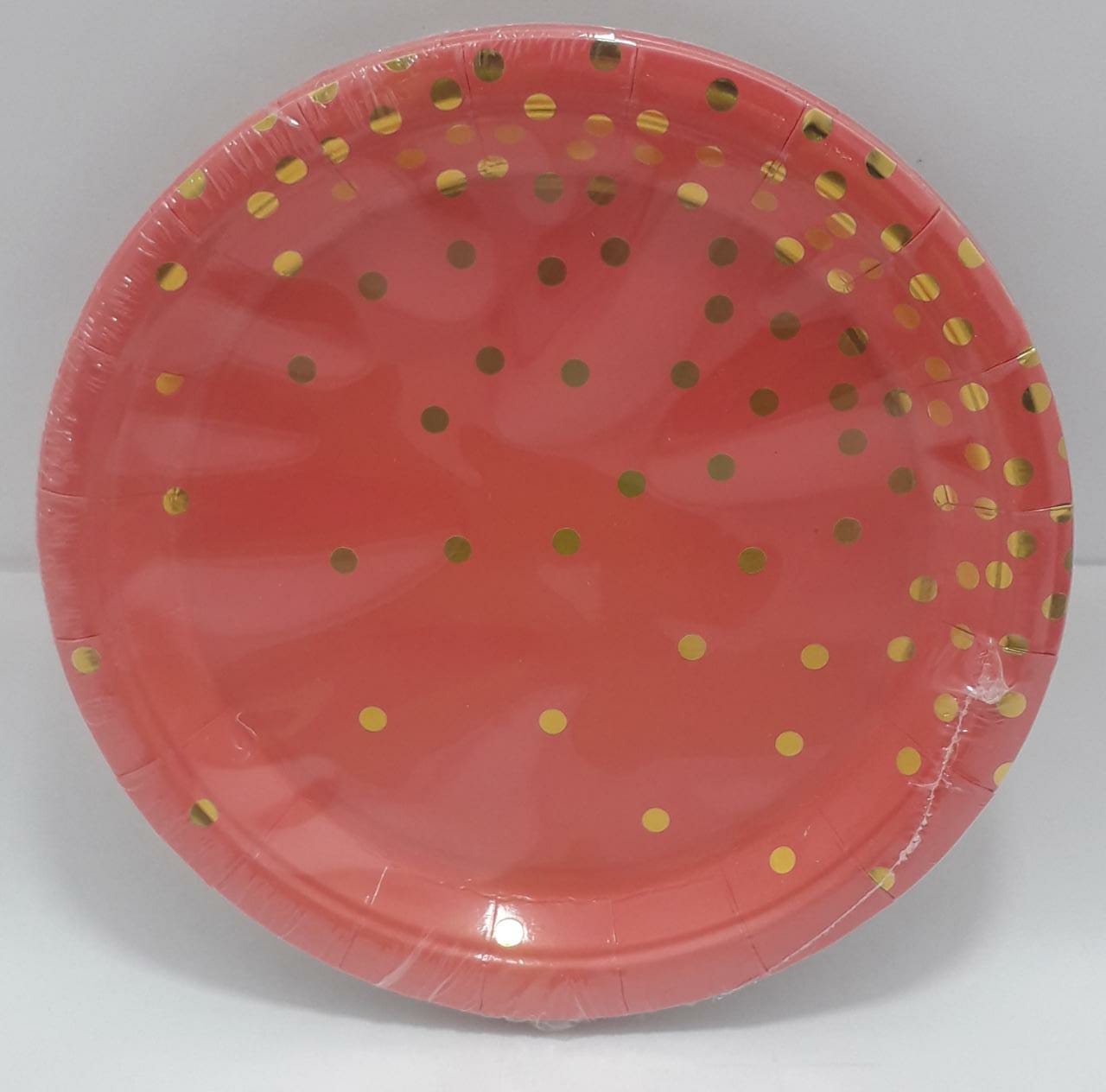 PLATO ROSADO FRESA  PUNTOS DORADOS 18CM