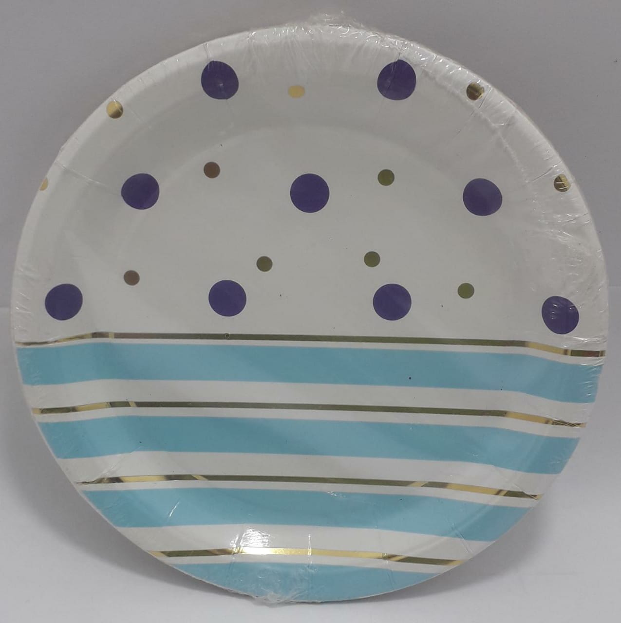 PLATO PUNTOS Y RAYAS AZUL MORADO Y DORA