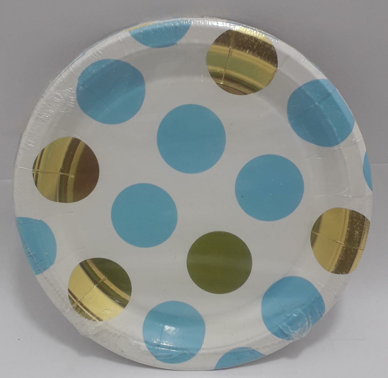 PLATO BLANCO PUNTOS AZUL Y DORADO 18CM