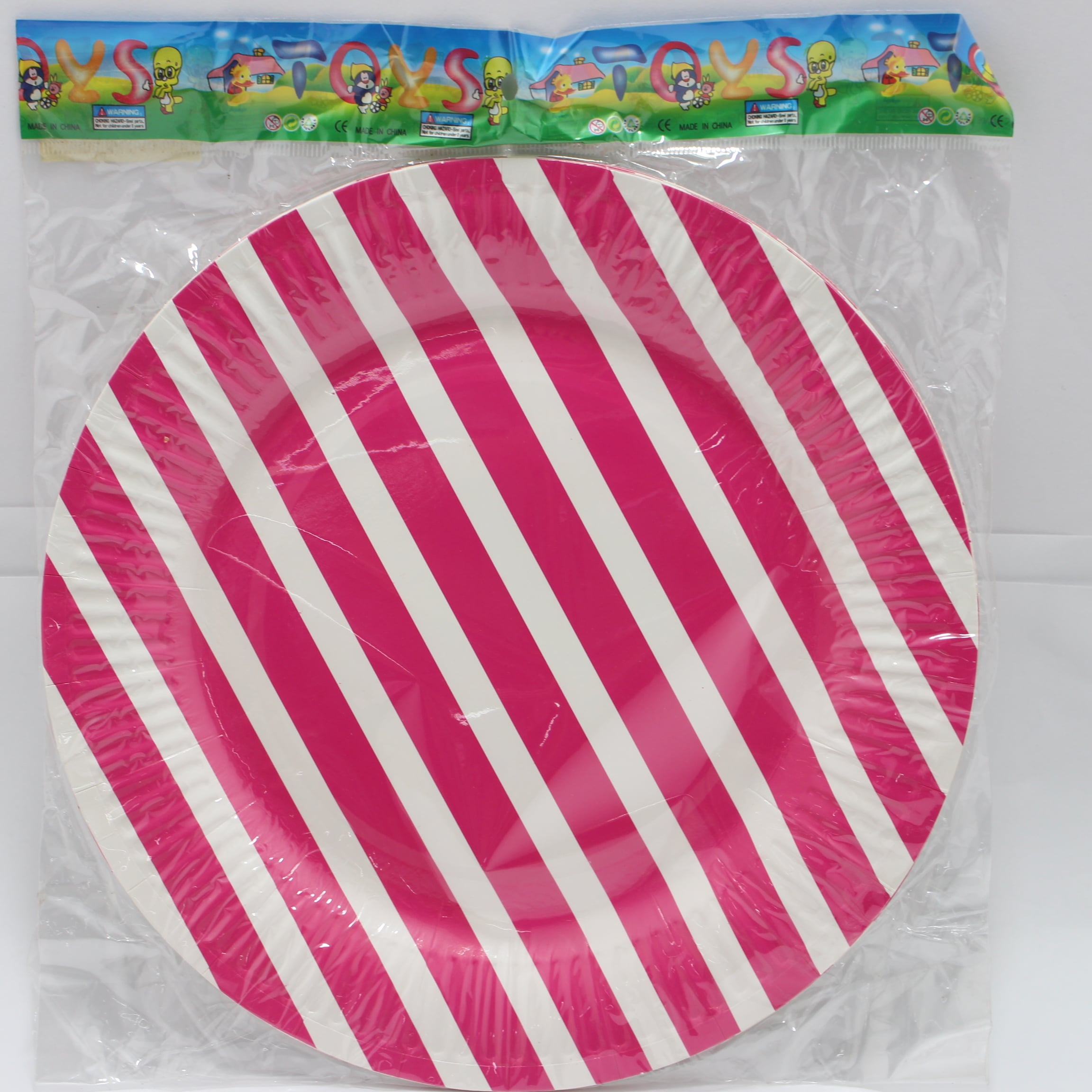 PLATO CARTON FUSCIA RAYAS BLACAS BOLSA