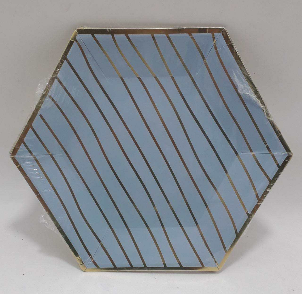 PLATO HEXAGONAL AZUL Y DORADO 18CM X 10