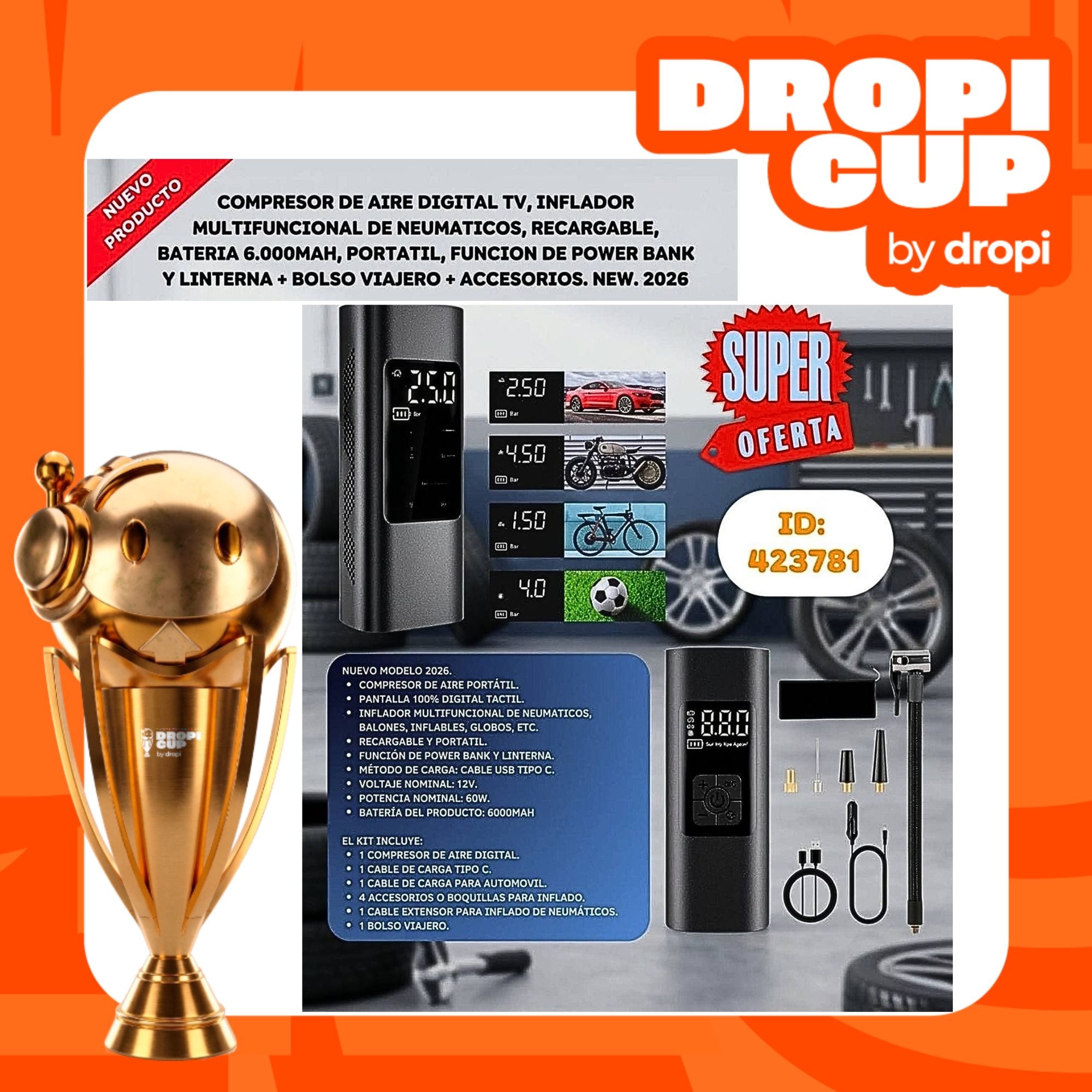 Compresor Inflador Aire 4 en 1 DROPI CUP