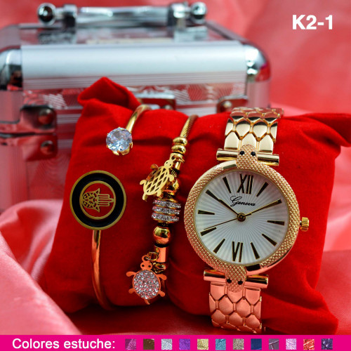 K2 RELOJ GENEVA + PULSERAS COFRE METAL