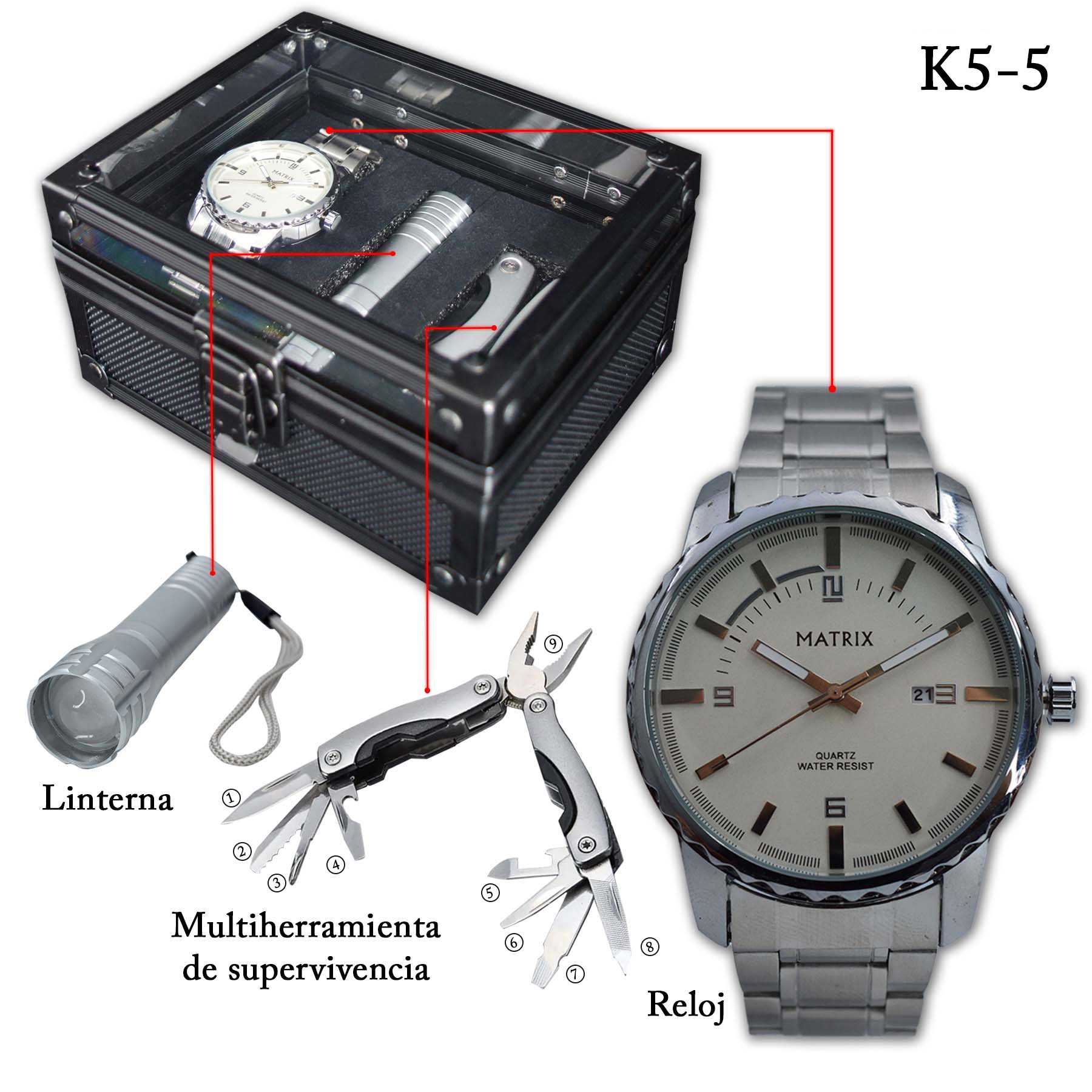 Vista 4 de K5 RELOJ MATRIX + LINTERNA Y MULTIHERRAM - K5: K5-2 PLATA/BLANCO