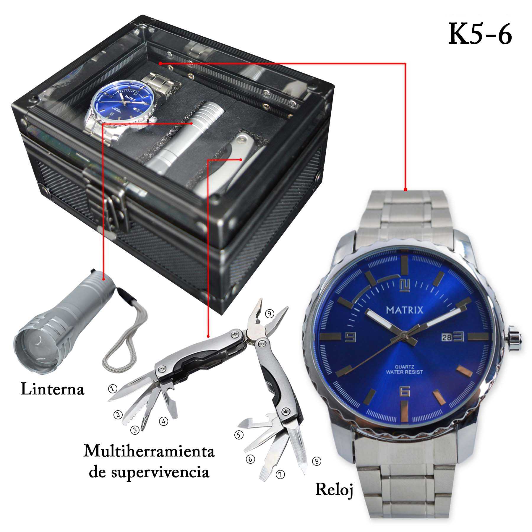 Vista 6 de K5 RELOJ MATRIX + LINTERNA Y MULTIHERRAM - K5: K5-2 PLATA/BLANCO