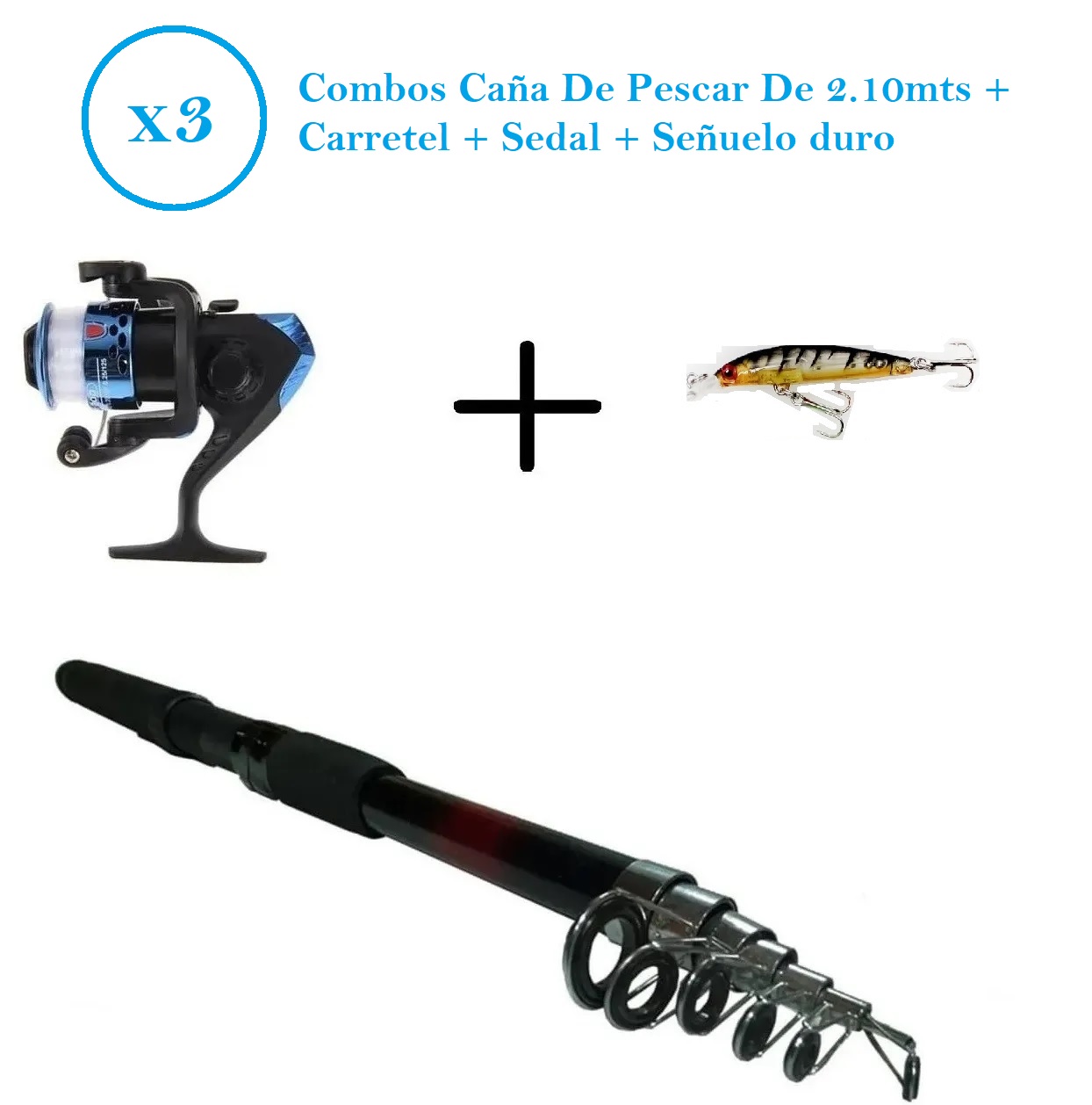 3x Combos Caña Pescar 2.10mts Señuelo