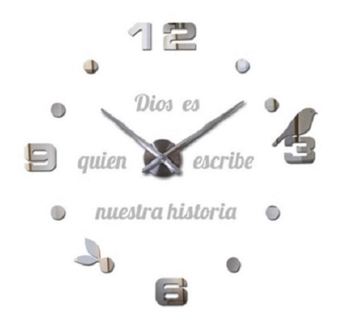 RELOJ 3D GRANDE+FRASE EN VINILO PLATEADO