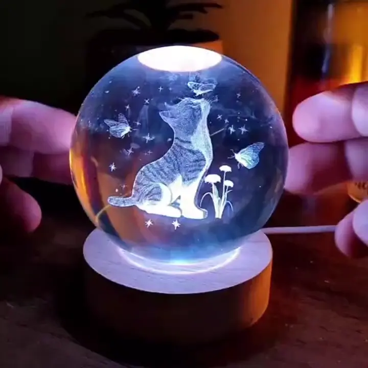 Lampara Esfera de Cristal 3D Cat