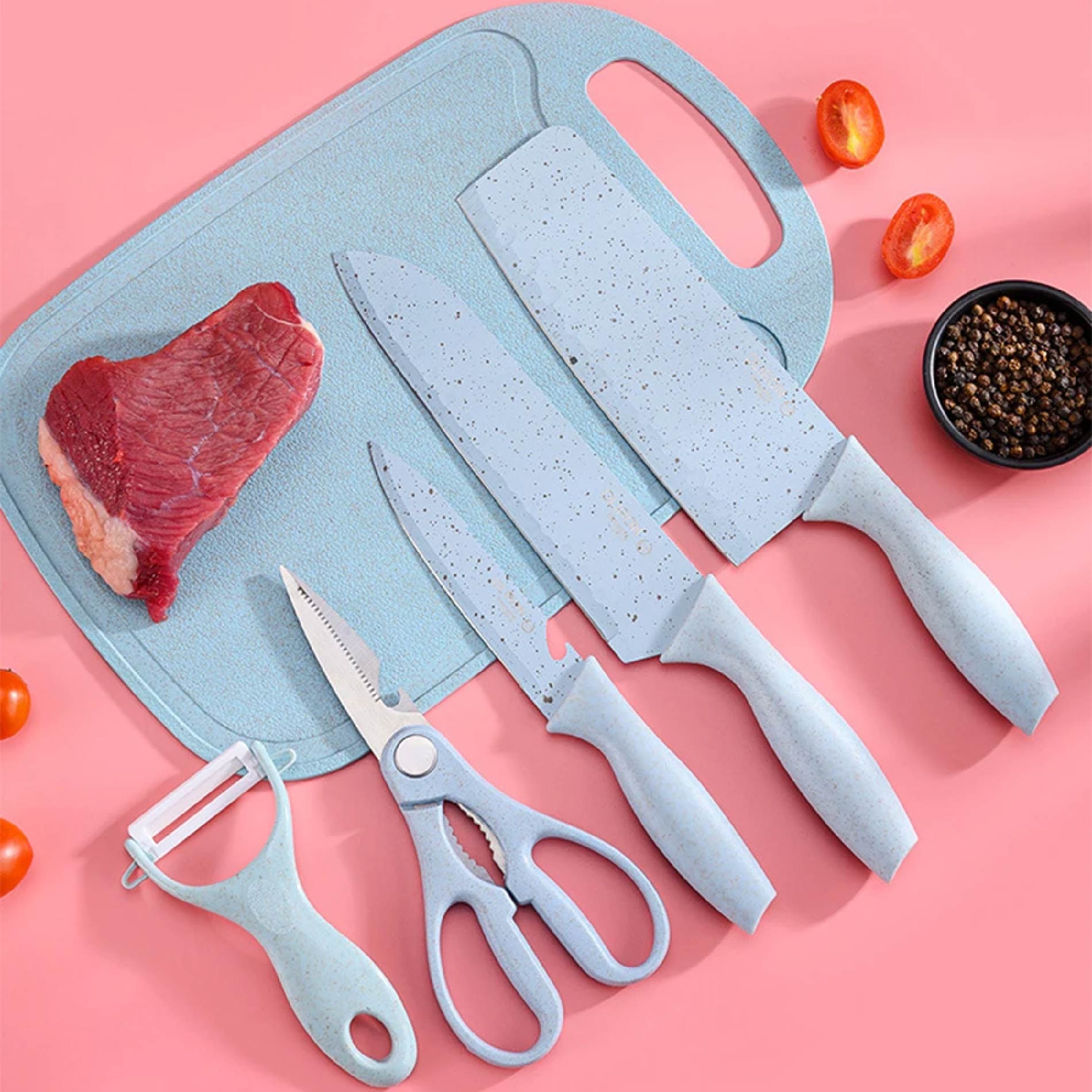 Vista 5 de Set X7 Cuchillos Acero Inoxidable + Base - Color: Azul