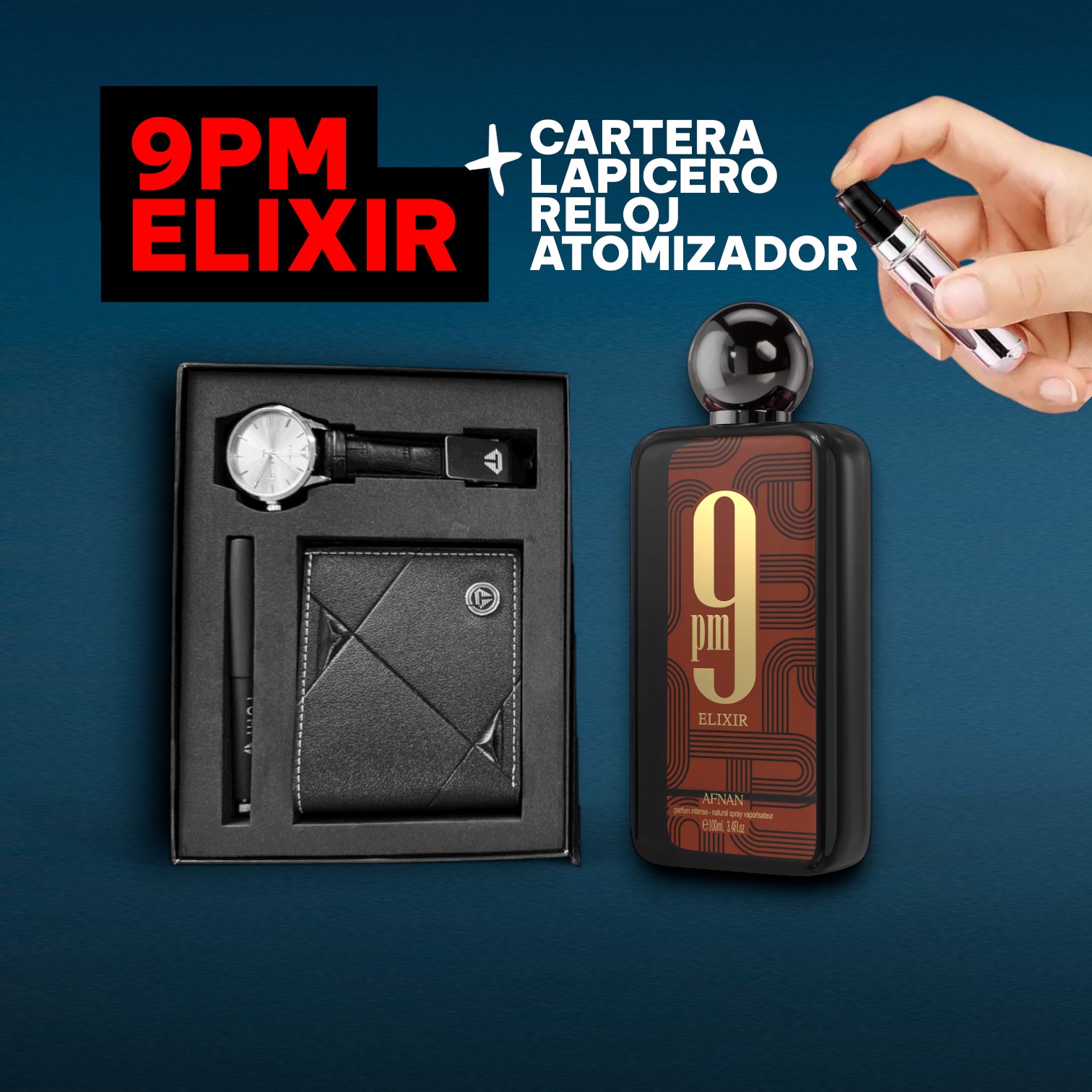 9PMELIXIR+RELOJREGALOS+ATOMIZADOR