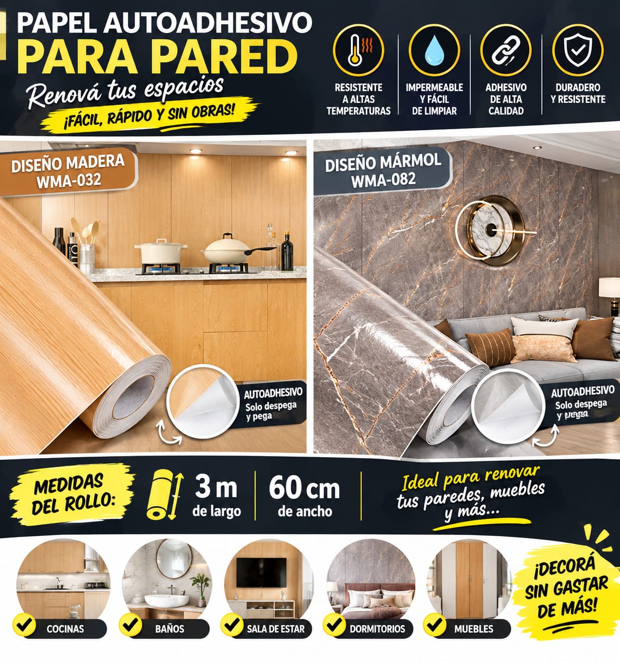 Papel de Pared Decorativo 3m x 60cm (Autoadhesivo e Impermeable)